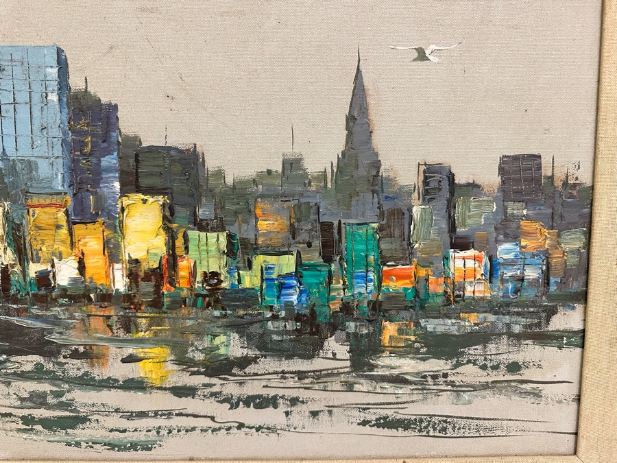 Original Abstract Mid-Century Impasto Painting On Canvas Of Cityscape River Scene 1970 Signature Illegible 24 X 18 Framed 32.5 X 26.5 [Photo 8]