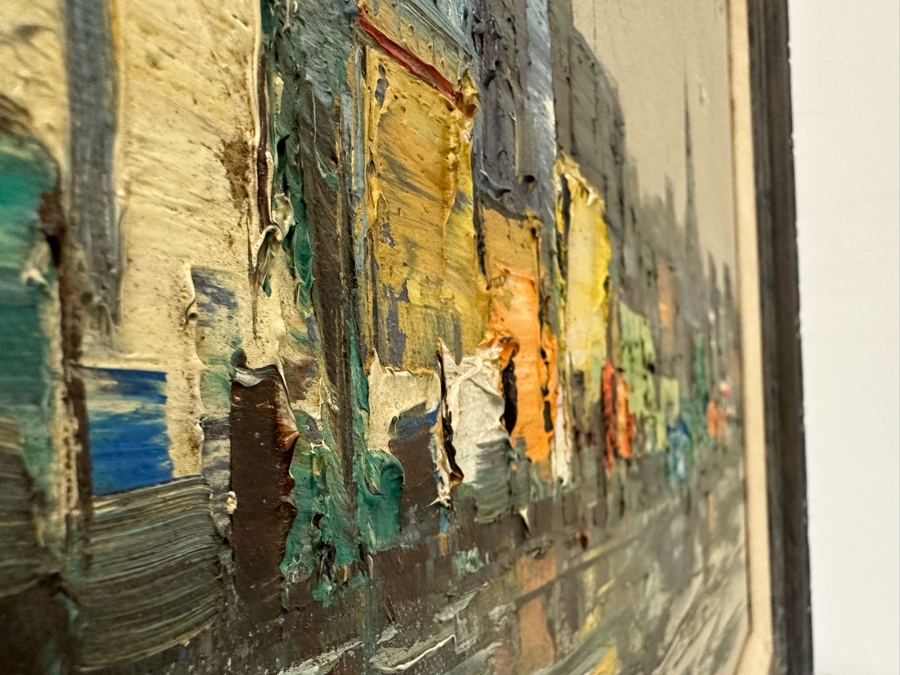 Original Abstract Mid-Century Impasto Painting On Canvas Of Cityscape River Scene 1970 Signature Illegible 24 X 18 Framed 32.5 X 26.5 [Photo 13]