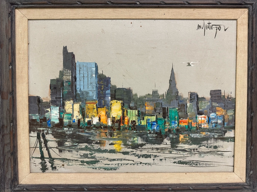 Original Abstract Mid-Century Impasto Painting On Canvas Of Cityscape River Scene 1970 Signature Illegible 24 X 18 Framed 32.5 X 26.5