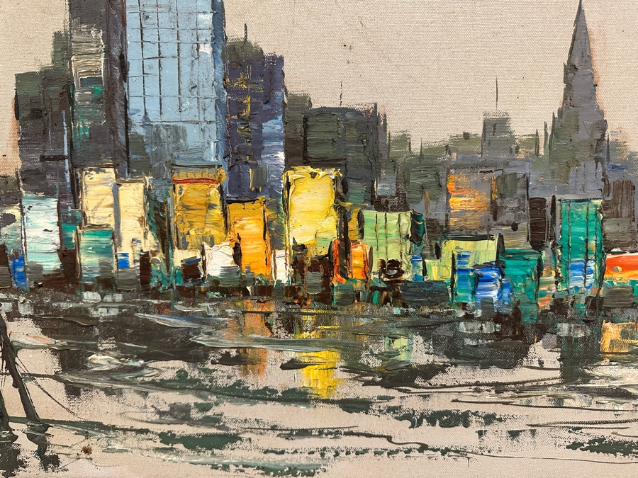 Original Abstract Mid-Century Impasto Painting On Canvas Of Cityscape River Scene 1970 Signature Illegible 24 X 18 Framed 32.5 X 26.5 [Photo 7]