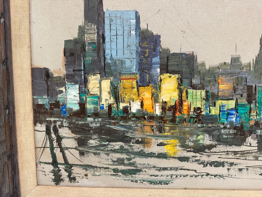 Original Abstract Mid-Century Impasto Painting On Canvas Of Cityscape River Scene 1970 Signature Illegible 24 X 18 Framed 32.5 X 26.5 [Photo 5]