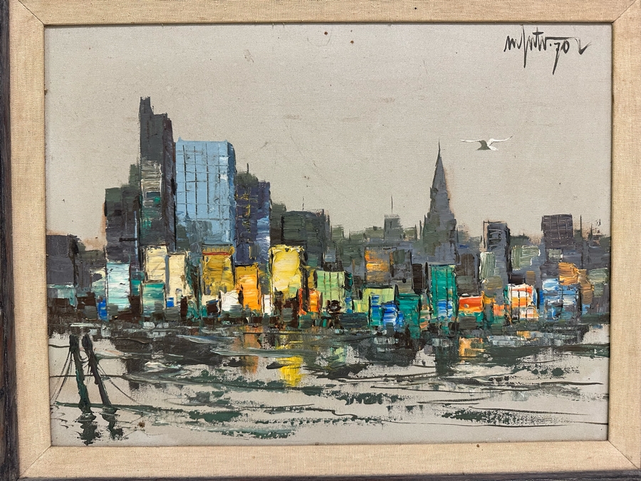 Original Abstract Mid-Century Impasto Painting On Canvas Of Cityscape River Scene 1970 Signature Illegible 24 X 18 Framed 32.5 X 26.5 [Photo 4]