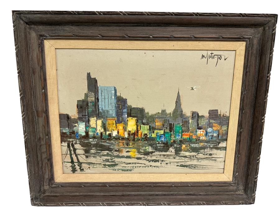 Original Abstract Mid-Century Impasto Painting On Canvas Of Cityscape River Scene 1970 Signature Illegible 24 X 18 Framed 32.5 X 26.5 [Photo 3]