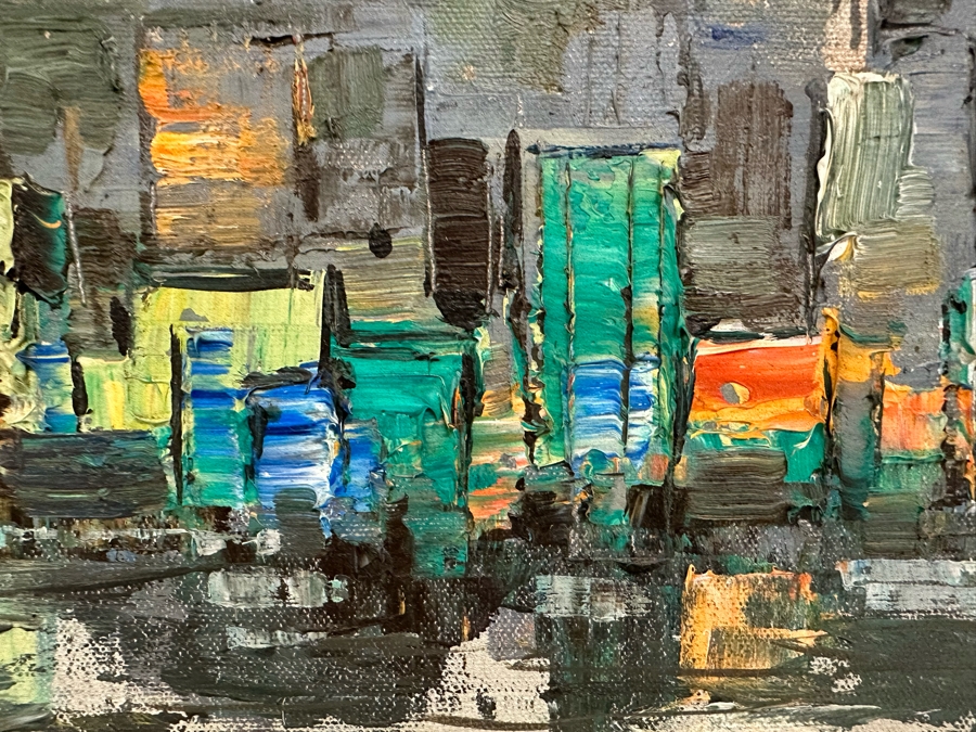 Original Abstract Mid-Century Impasto Painting On Canvas Of Cityscape River Scene 1970 Signature Illegible 24 X 18 Framed 32.5 X 26.5 [Photo 9]