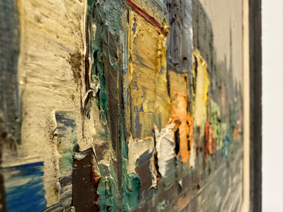 Original Abstract Mid-Century Impasto Painting On Canvas Of Cityscape River Scene 1970 Signature Illegible 24 X 18 Framed 32.5 X 26.5 [Photo 2]