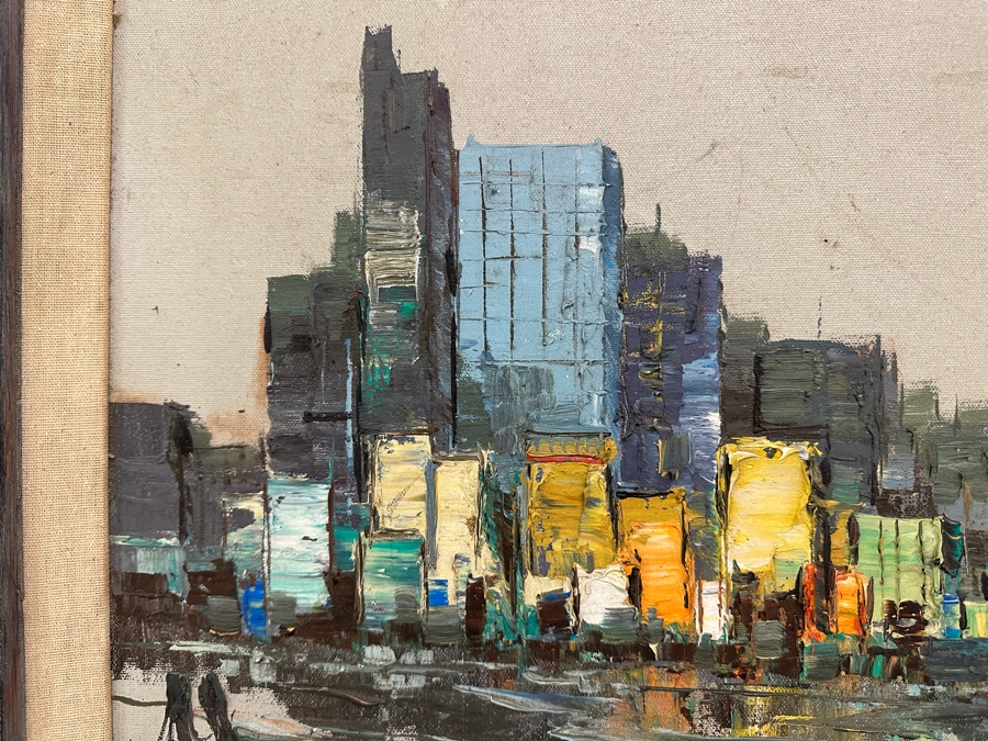 Original Abstract Mid-Century Impasto Painting On Canvas Of Cityscape River Scene 1970 Signature Illegible 24 X 18 Framed 32.5 X 26.5 [Photo 6]