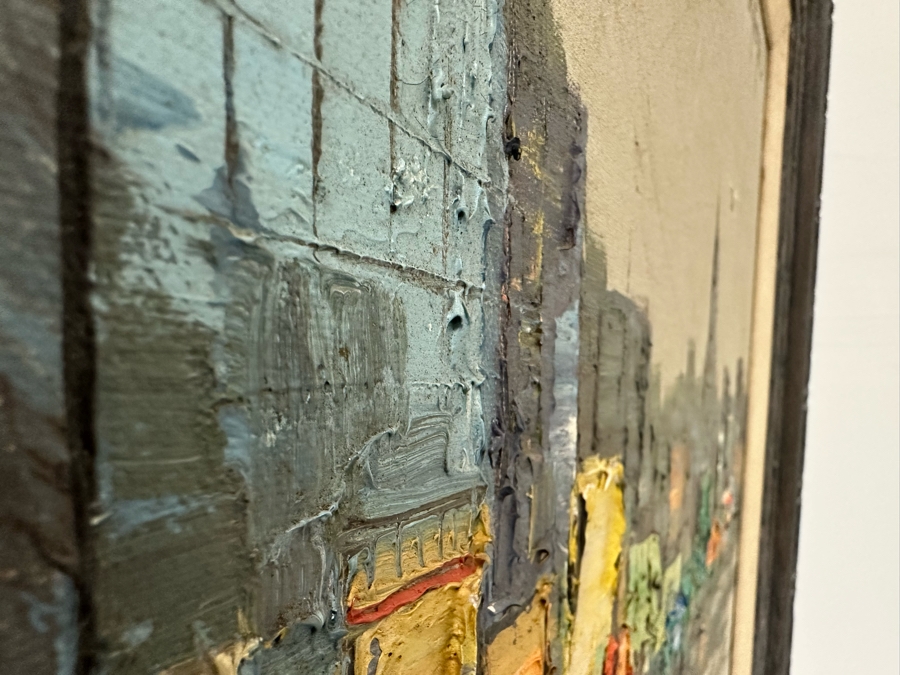 Original Abstract Mid-Century Impasto Painting On Canvas Of Cityscape River Scene 1970 Signature Illegible 24 X 18 Framed 32.5 X 26.5 [Photo 15]