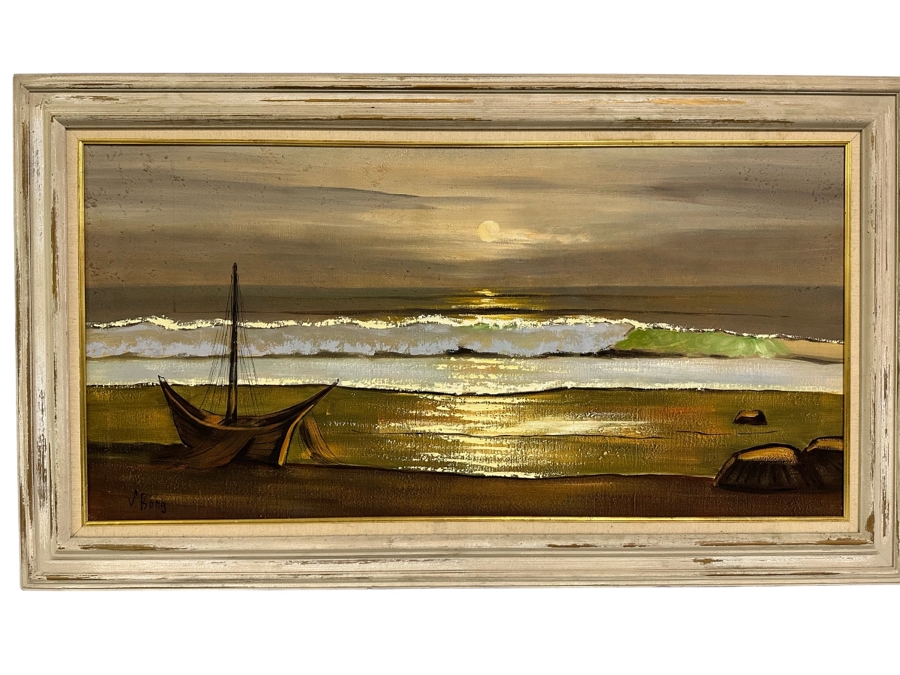 Original Mid-Century Breaking Ocean Wave Painting Signed V. Bong Bang 48W X 24H Framed 56 X 32