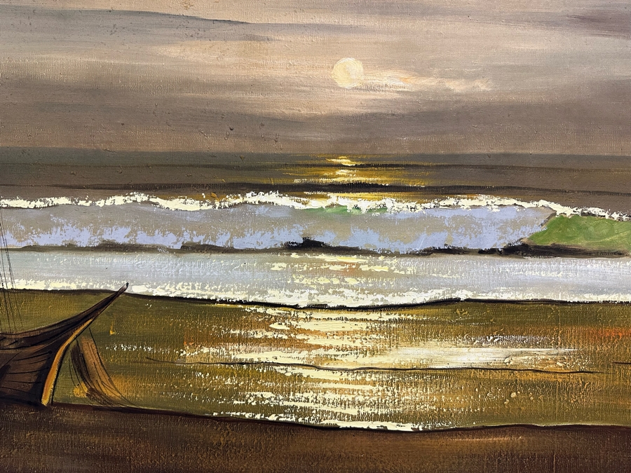 Original Mid-Century Breaking Ocean Wave Painting Signed V. Bong Bang 48W X 24H Framed 56 X 32 [Photo 2]