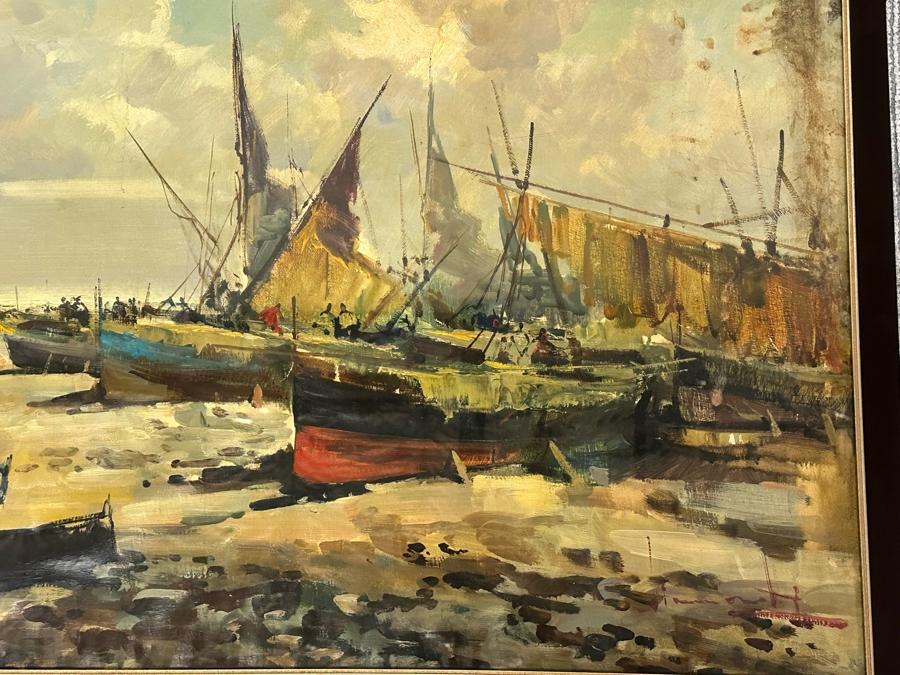 Original Abstract Painting Of Boats On The Beach On Canvas Behind Glass Frame Artist Signature Illegible 35 X 24 Framed 38 X 26 [Photo 5]