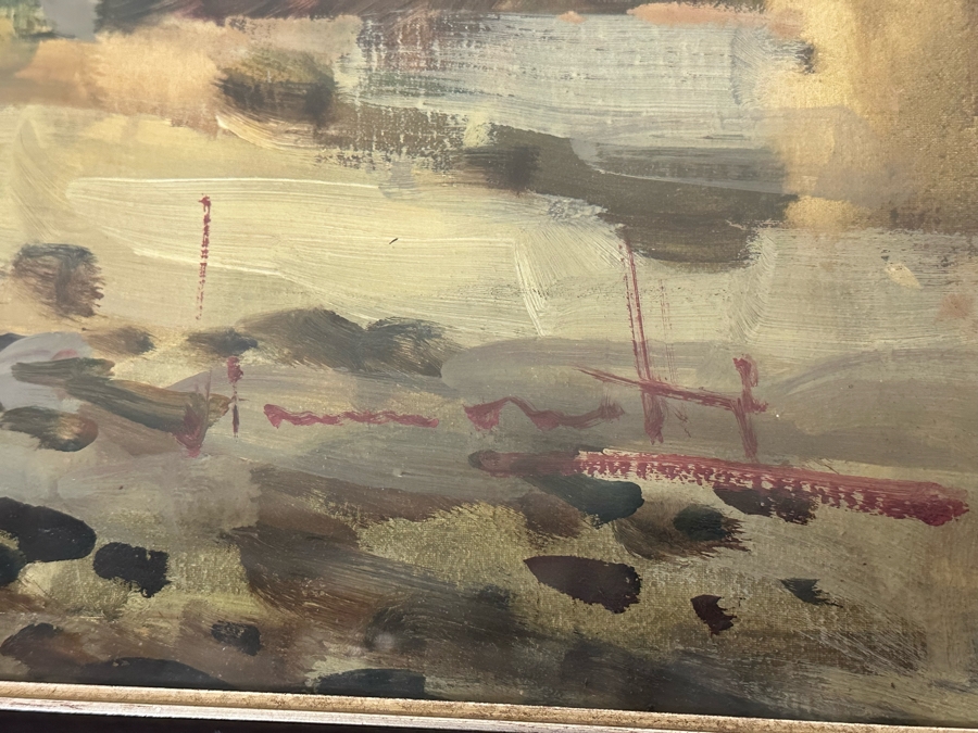 Original Abstract Painting Of Boats On The Beach On Canvas Behind Glass Frame Artist Signature Illegible 35 X 24 Framed 38 X 26 [Photo 17]