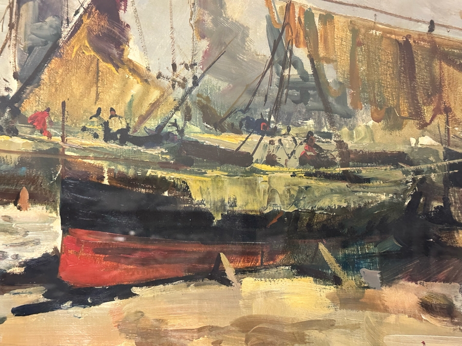 Original Abstract Painting Of Boats On The Beach On Canvas Behind Glass Frame Artist Signature Illegible 35 X 24 Framed 38 X 26 [Photo 6]