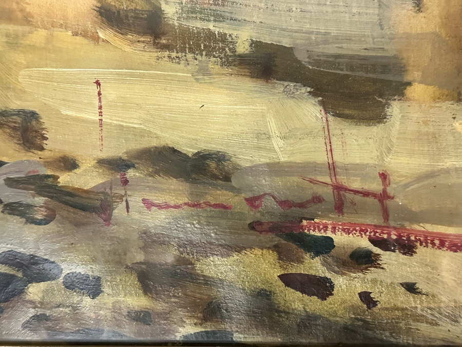 Original Abstract Painting Of Boats On The Beach On Canvas Behind Glass Frame Artist Signature Illegible 35 X 24 Framed 38 X 26 [Photo 7]