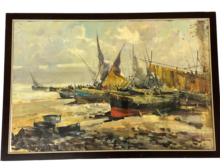 Original Abstract Painting Of Boats On The Beach On Canvas Behind Glass Frame Artist Signature Illegible 35 X 24 Framed 38 X 26
