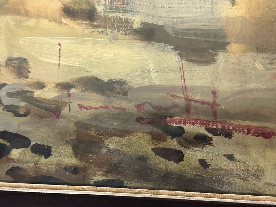 Original Abstract Painting Of Boats On The Beach On Canvas Behind Glass Frame Artist Signature Illegible 35 X 24 Framed 38 X 26 [Photo 18]