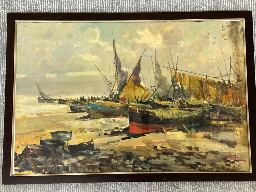 Original Abstract Painting Of Boats On The Beach On Canvas Behind Glass Frame Artist Signature Illegible 35 X 24 Framed 38 X 26 [Photo 3]