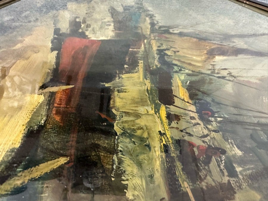 Original Abstract Painting Of Boats On The Beach On Canvas Behind Glass Frame Artist Signature Illegible 35 X 24 Framed 38 X 26 [Photo 24]