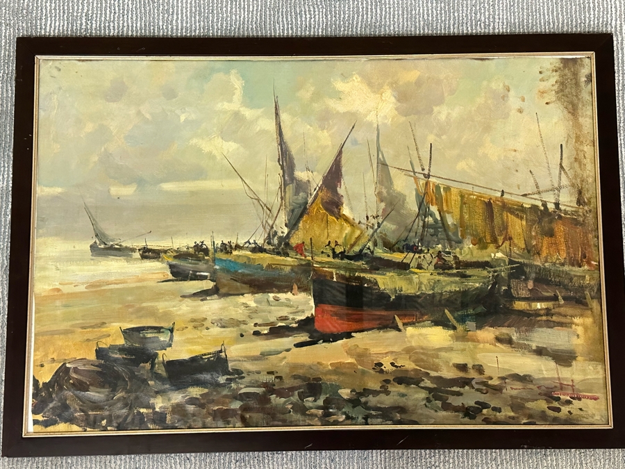 Original Abstract Painting Of Boats On The Beach On Canvas Behind Glass Frame Artist Signature Illegible 35 X 24 Framed 38 X 26 [Photo 2]