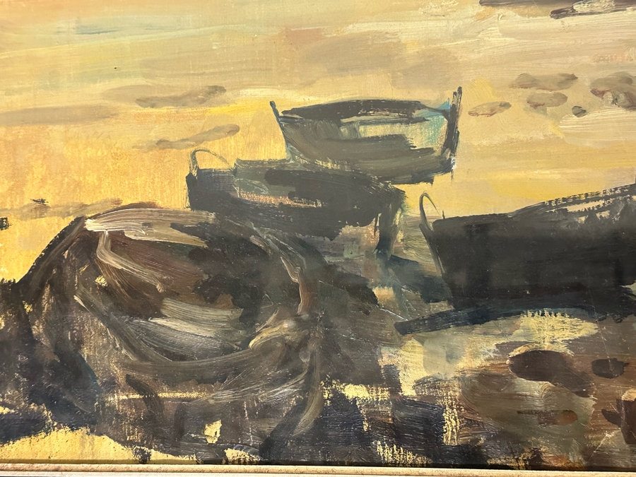 Original Abstract Painting Of Boats On The Beach On Canvas Behind Glass Frame Artist Signature Illegible 35 X 24 Framed 38 X 26 [Photo 10]