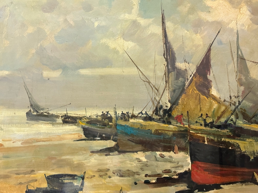 Original Abstract Painting Of Boats On The Beach On Canvas Behind Glass Frame Artist Signature Illegible 35 X 24 Framed 38 X 26 [Photo 4]