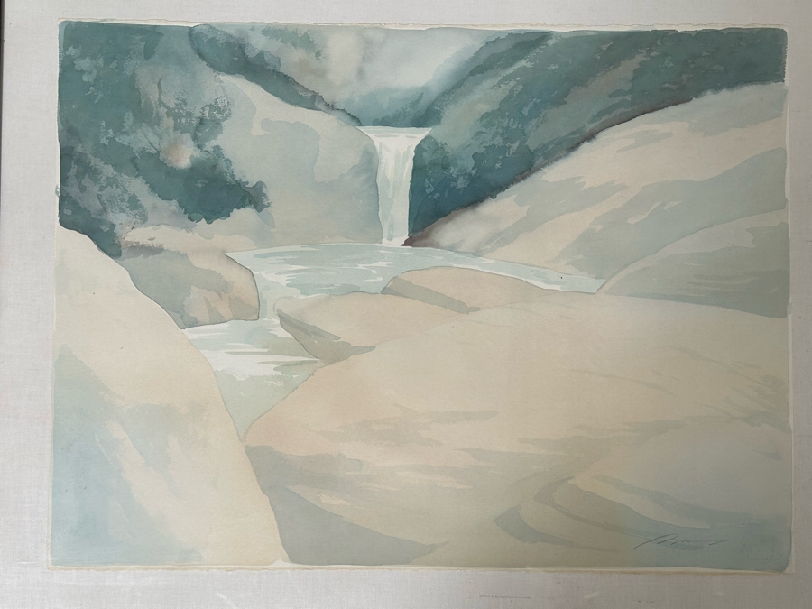 Robert White Original Watercolor Painting On Paper 1987 Titled 'Waterfall And Creek' DeVorzon Gallery 30 X 22 Framed 38 X 31 [Photo 5]