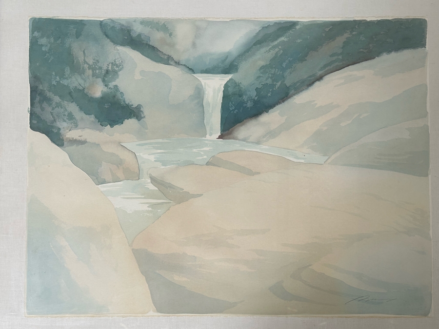 Robert White Original Watercolor Painting On Paper 1987 Titled 'Waterfall And Creek' DeVorzon Gallery 30 X 22 Framed 38 X 31