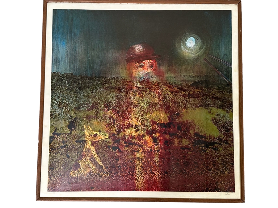 Sir Sidney Robert Nolan (1917-1992, Australian) Hand Signed Limited Edition Surrealism Print Titled 'Landscape - Miner With Dog' Signed 1 Of 70 30W X 30H Framed 33.5W X 33.5H
