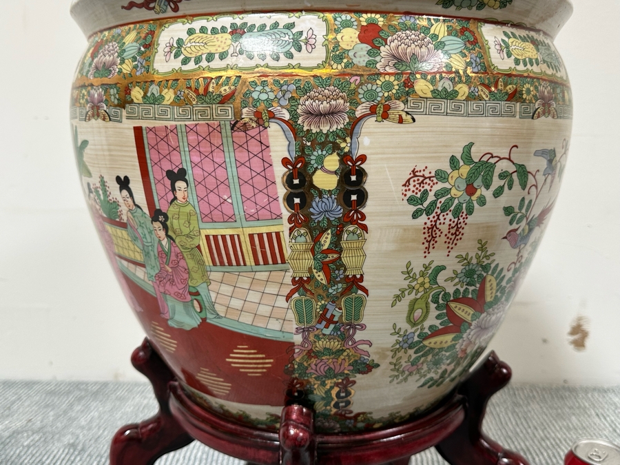 Large Chinese Hand Painted Porcelain Flower Pot Planter Fishbowl 17W X 13H With Wooden Stand [Photo 7]