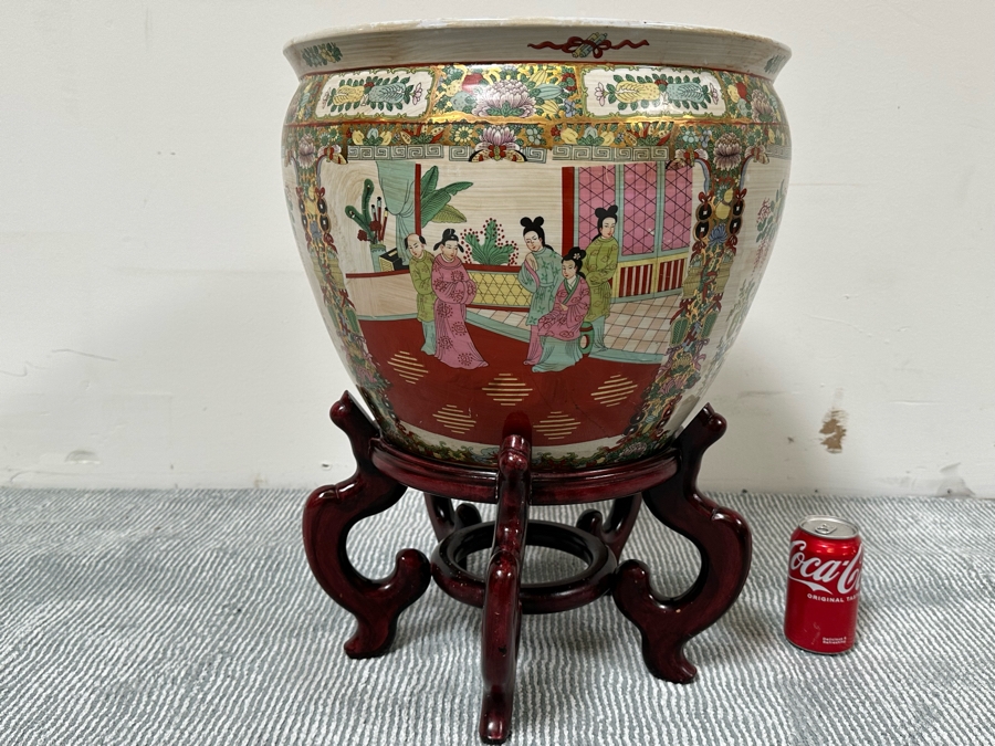 Large Chinese Hand Painted Porcelain Flower Pot Planter Fishbowl 17W X 13H With Wooden Stand [Photo 3]