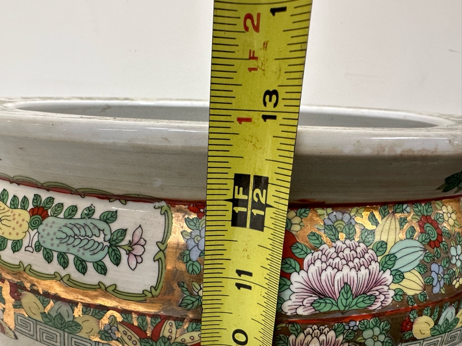 Large Chinese Hand Painted Porcelain Flower Pot Planter Fishbowl 17W X 13H With Wooden Stand [Photo 14]