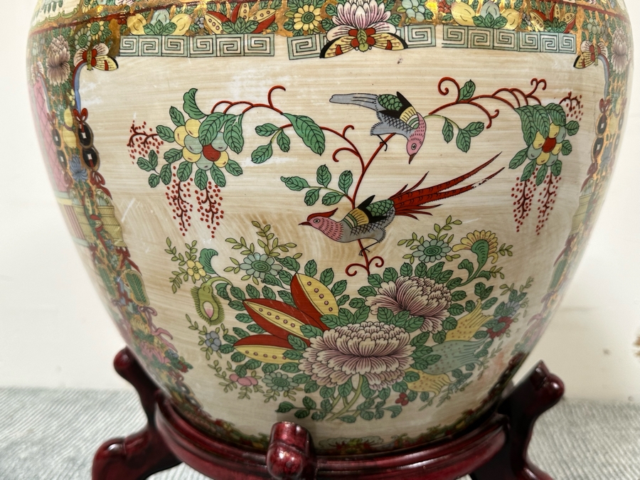 Large Chinese Hand Painted Porcelain Flower Pot Planter Fishbowl 17W X 13H With Wooden Stand [Photo 9]