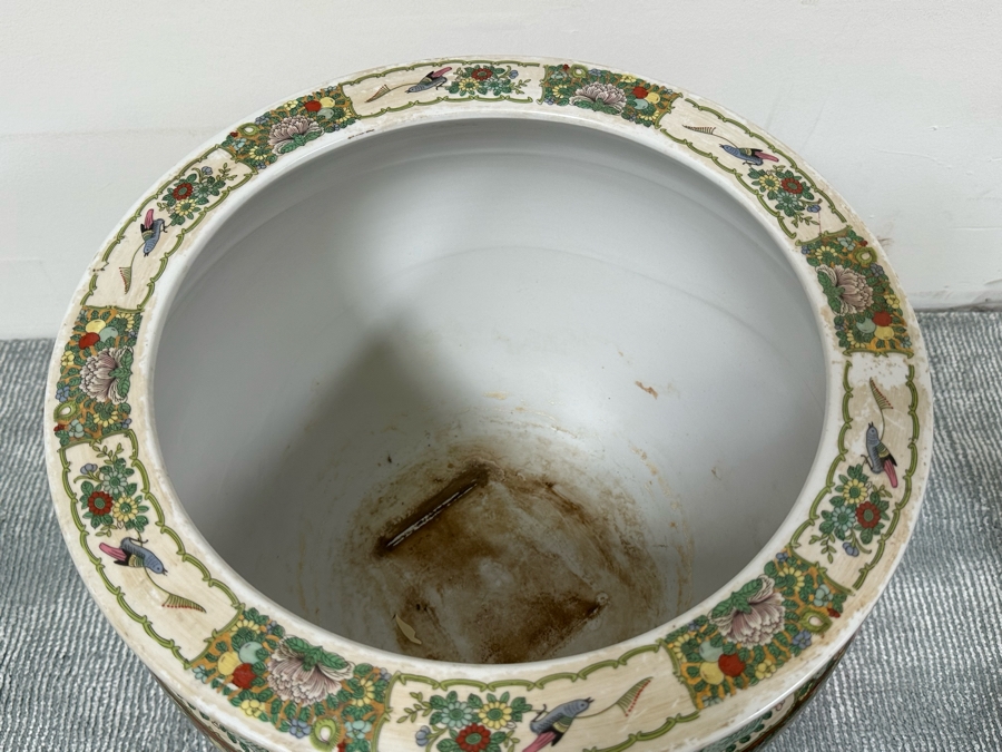 Large Chinese Hand Painted Porcelain Flower Pot Planter Fishbowl 17W X 13H With Wooden Stand [Photo 6]