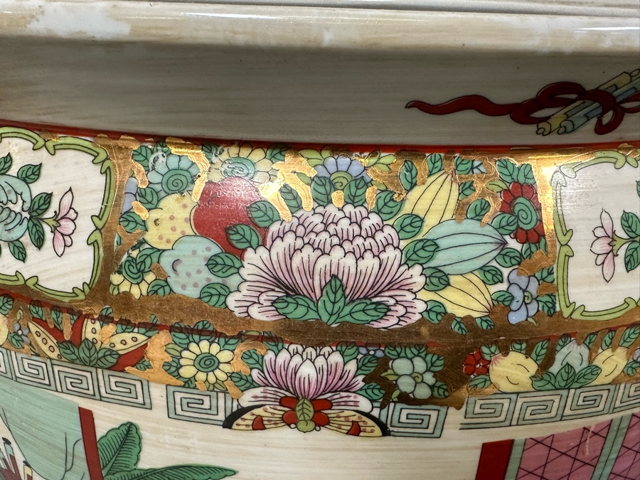 Large Chinese Hand Painted Porcelain Flower Pot Planter Fishbowl 17W X 13H With Wooden Stand [Photo 5]