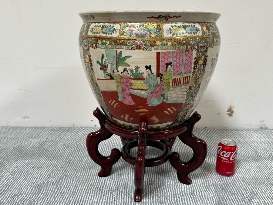Large Chinese Hand Painted Porcelain Flower Pot Planter Fishbowl 17W X 13H With Wooden Stand [Photo 2]