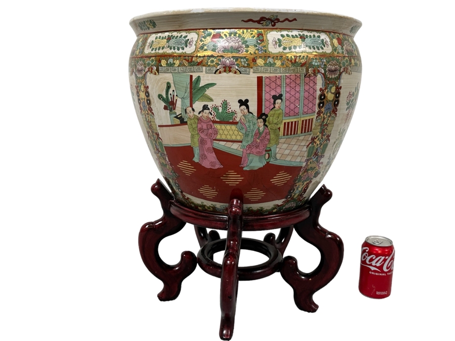 Large Chinese Hand Painted Porcelain Flower Pot Planter Fishbowl 17W X 13H With Wooden Stand