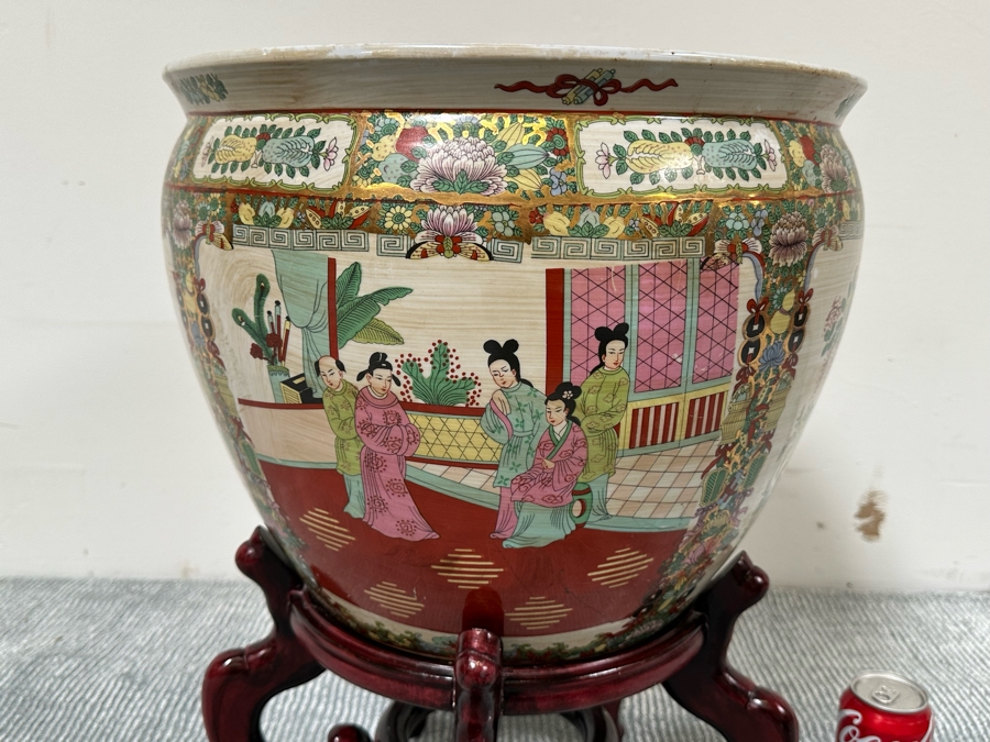 Large Chinese Hand Painted Porcelain Flower Pot Planter Fishbowl 17W X 13H With Wooden Stand [Photo 4]