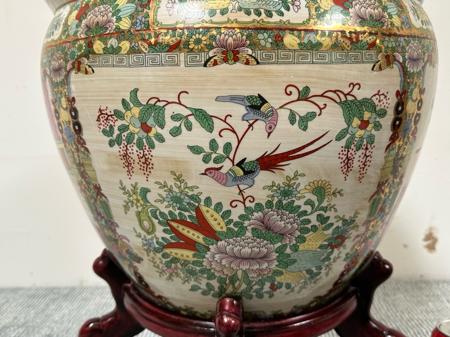 Large Chinese Hand Painted Porcelain Flower Pot Planter Fishbowl 17W X 13H With Wooden Stand [Photo 8]