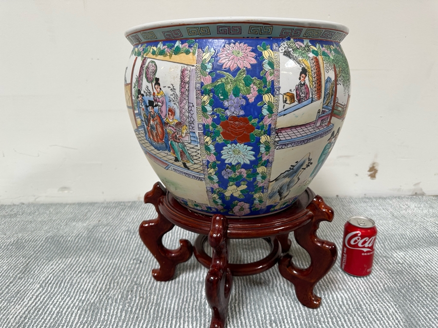 Chinese Hand Painted Porcelain Flower Pot Planter Fishbowl 15W X 12H With Wooden Stand [Photo 8]