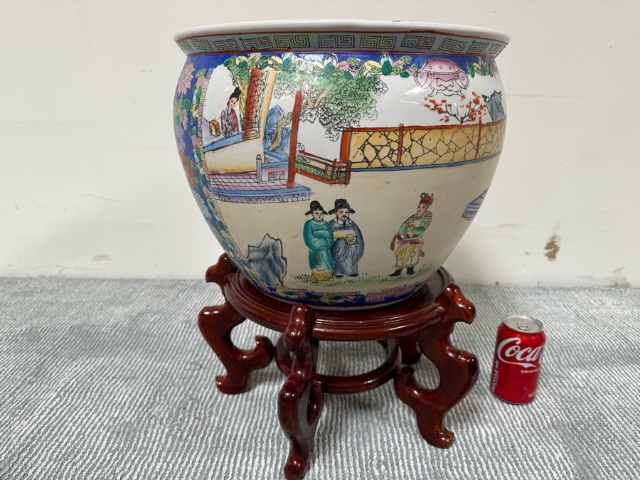 Chinese Hand Painted Porcelain Flower Pot Planter Fishbowl 15W X 12H With Wooden Stand [Photo 2]
