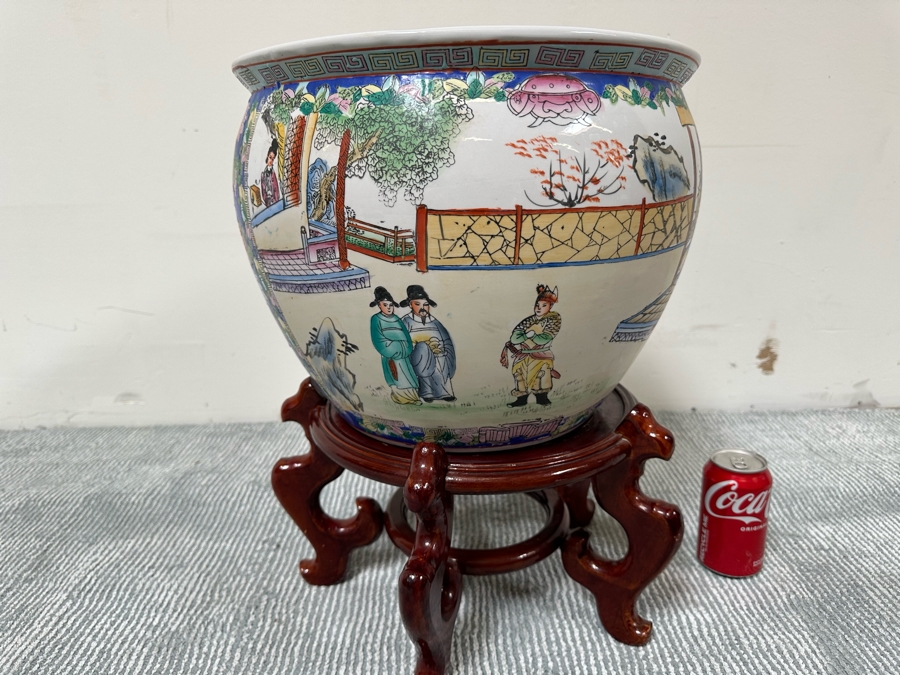 Chinese Hand Painted Porcelain Flower Pot Planter Fishbowl 15W X 12H With Wooden Stand [Photo 7]