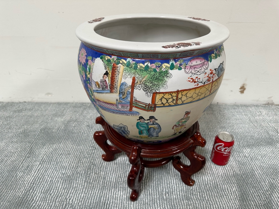 Chinese Hand Painted Porcelain Flower Pot Planter Fishbowl 15W X 12H With Wooden Stand [Photo 3]