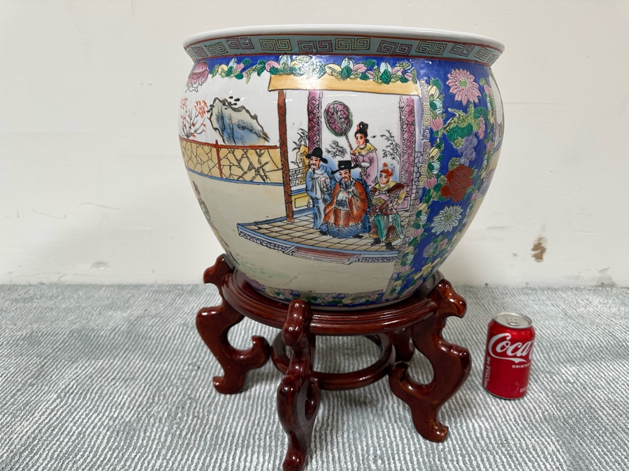 Chinese Hand Painted Porcelain Flower Pot Planter Fishbowl 15W X 12H With Wooden Stand [Photo 5]