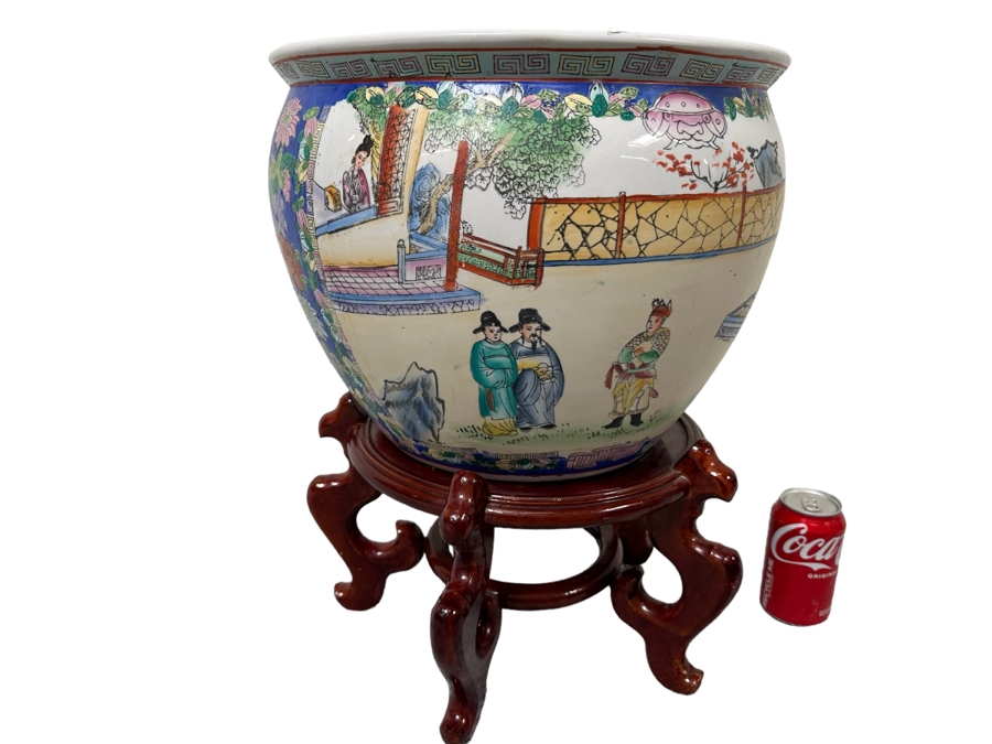Chinese Hand Painted Porcelain Flower Pot Planter Fishbowl 15W X 12H With Wooden Stand