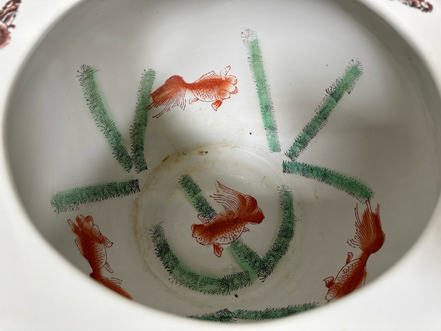 Chinese Hand Painted Porcelain Flower Pot Planter Fishbowl 15W X 12H With Wooden Stand [Photo 9]