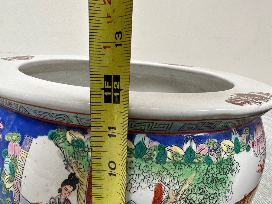 Chinese Hand Painted Porcelain Flower Pot Planter Fishbowl 15W X 12H With Wooden Stand [Photo 14]