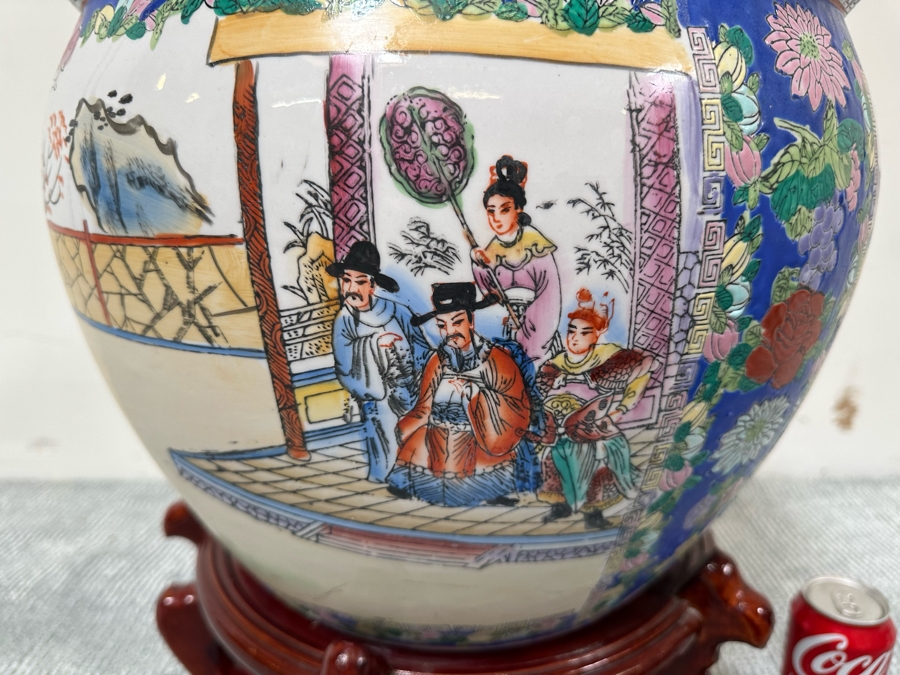 Chinese Hand Painted Porcelain Flower Pot Planter Fishbowl 15W X 12H With Wooden Stand [Photo 6]