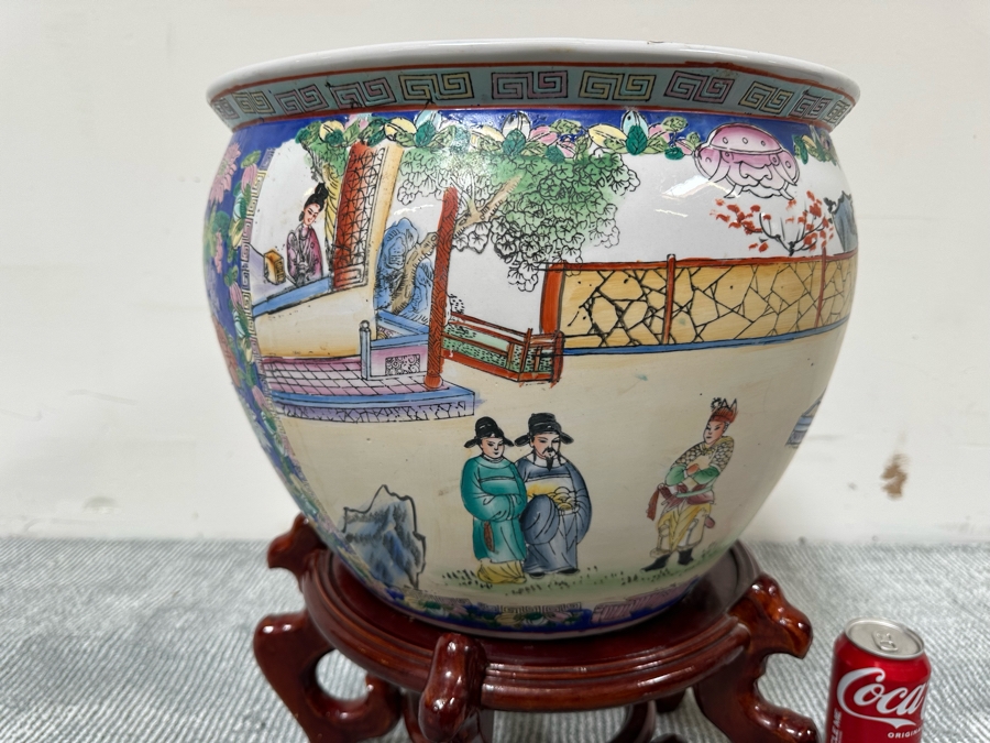 Chinese Hand Painted Porcelain Flower Pot Planter Fishbowl 15W X 12H With Wooden Stand [Photo 4]