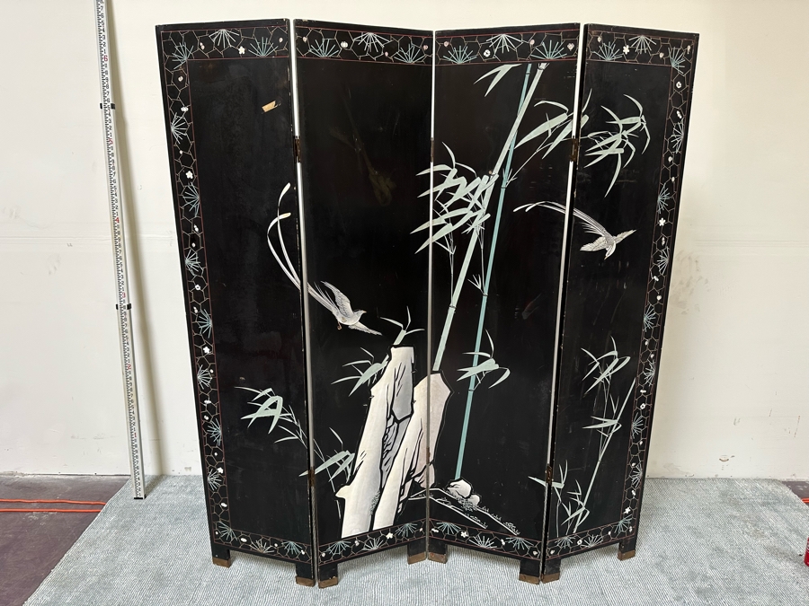 Vintage Chinese 4-Panel Carved Black Lacquer Spledid Four Double-Sided Screen Each Panel Is 16W X 72H [Photo 12]