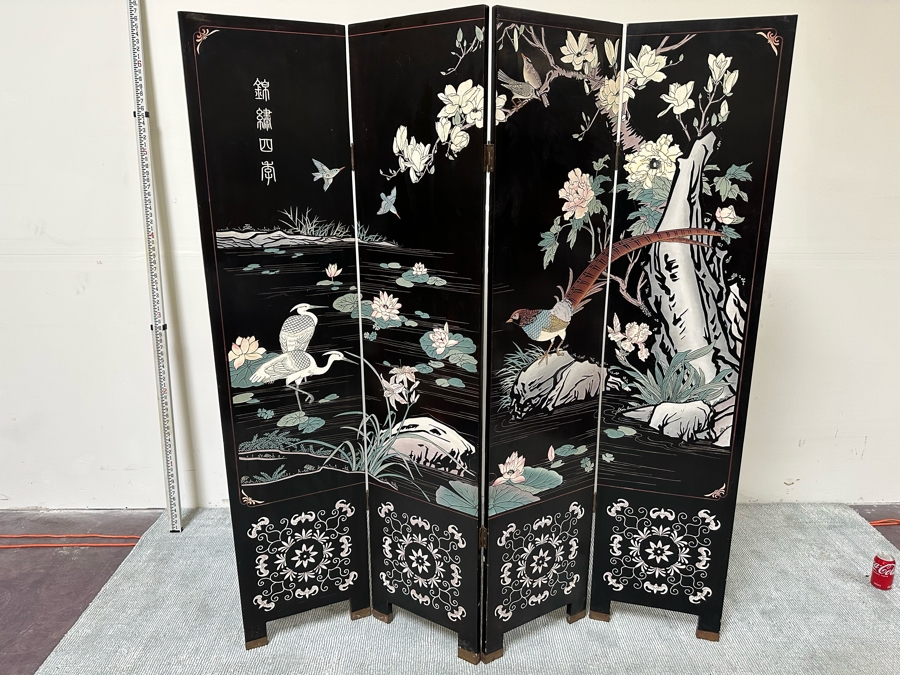 Vintage Chinese 4-Panel Carved Black Lacquer Spledid Four Double-Sided Screen Each Panel Is 16W X 72H [Photo 1]