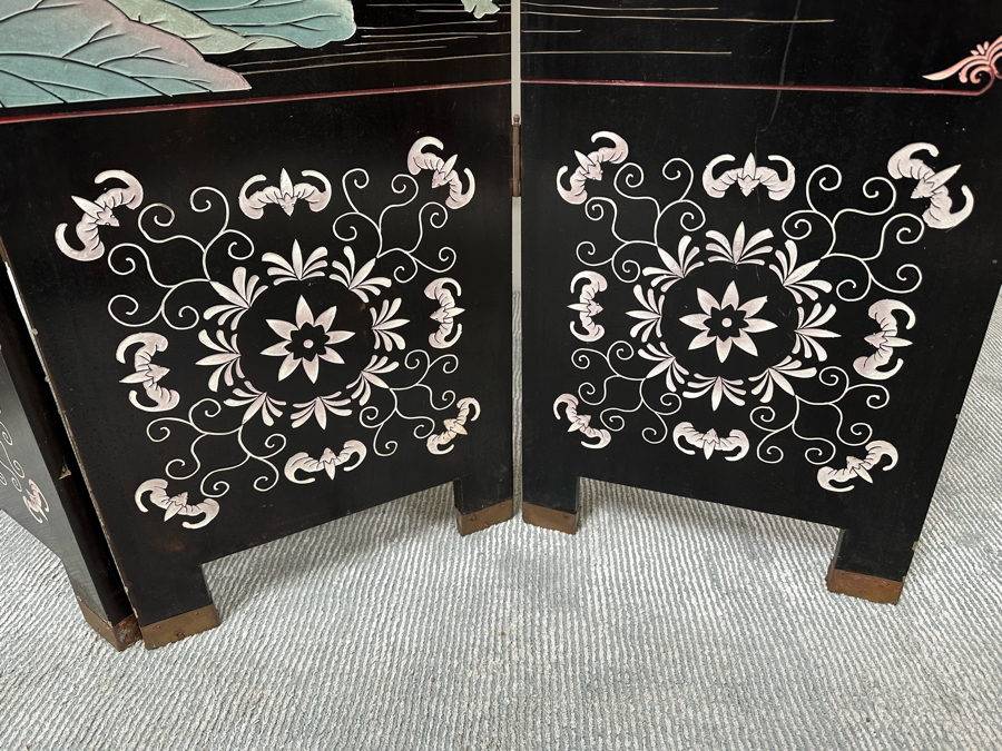 Vintage Chinese 4-Panel Carved Black Lacquer Spledid Four Double-Sided Screen Each Panel Is 16W X 72H [Photo 8]